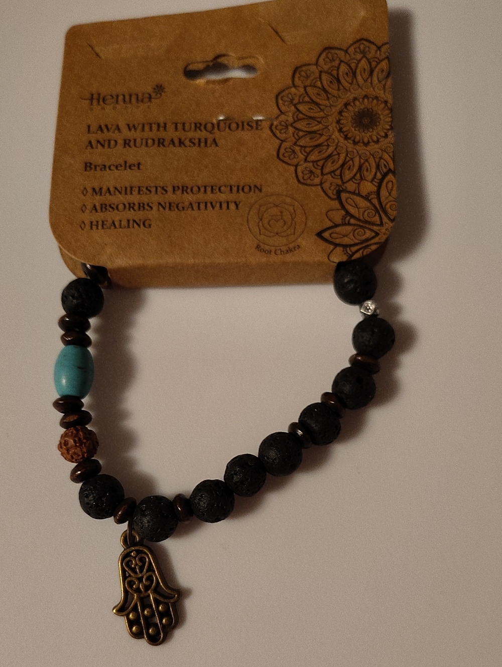 Lava Stone Bracelet with Turquoise Bead & Hamsa Charm - Black & Turquoise